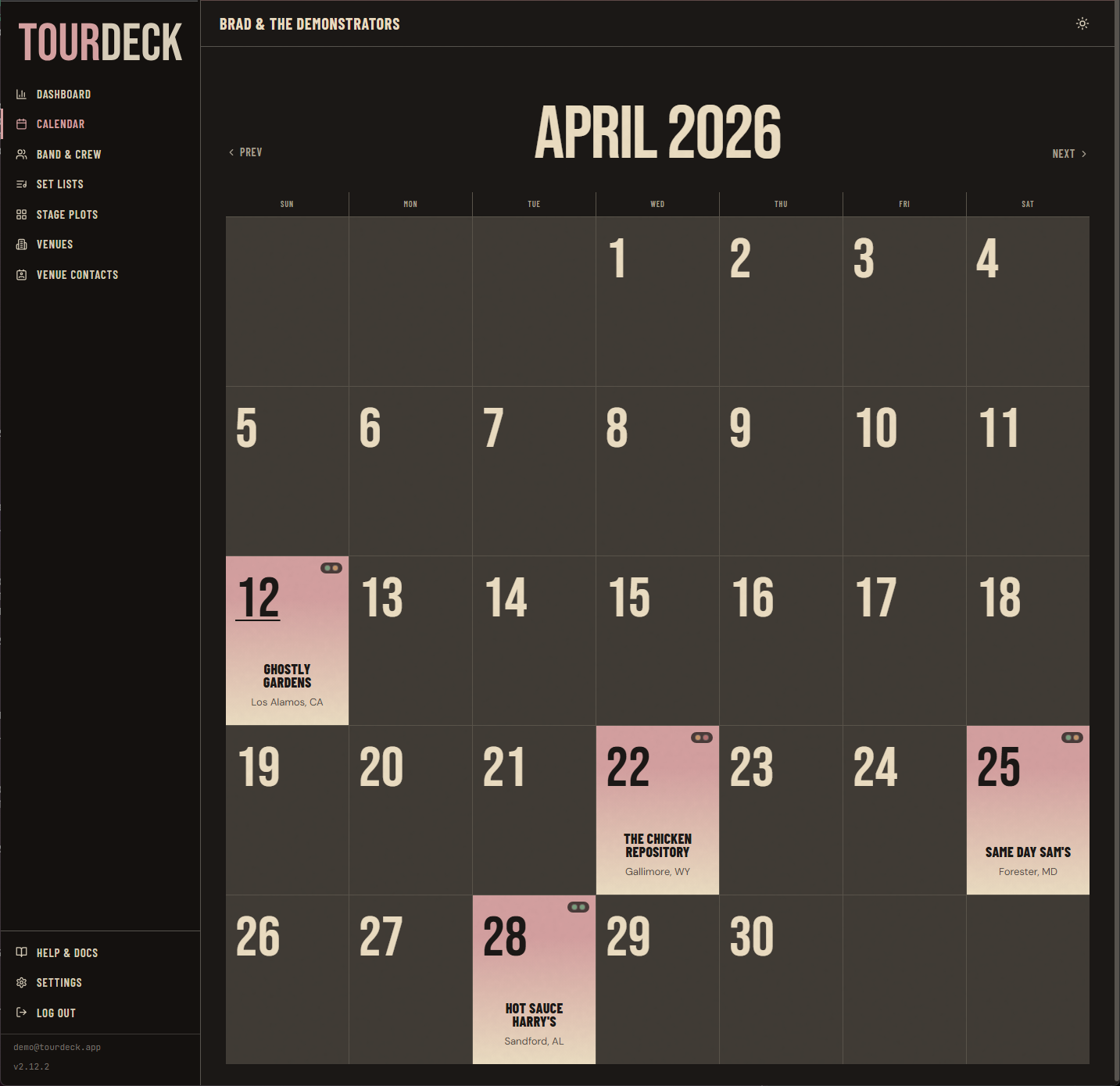 TourDeck calendar view with upcoming shows