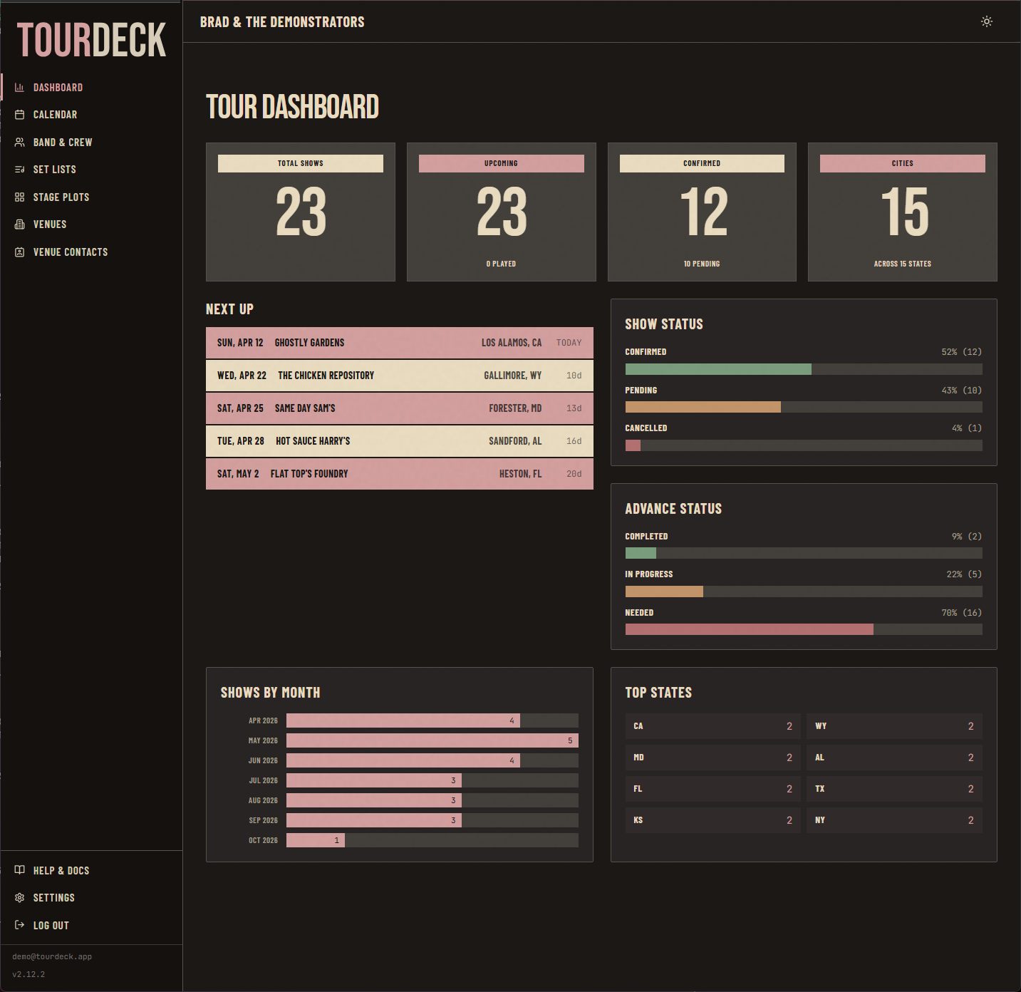 TourDeck dashboard showing upcoming shows and tour stats