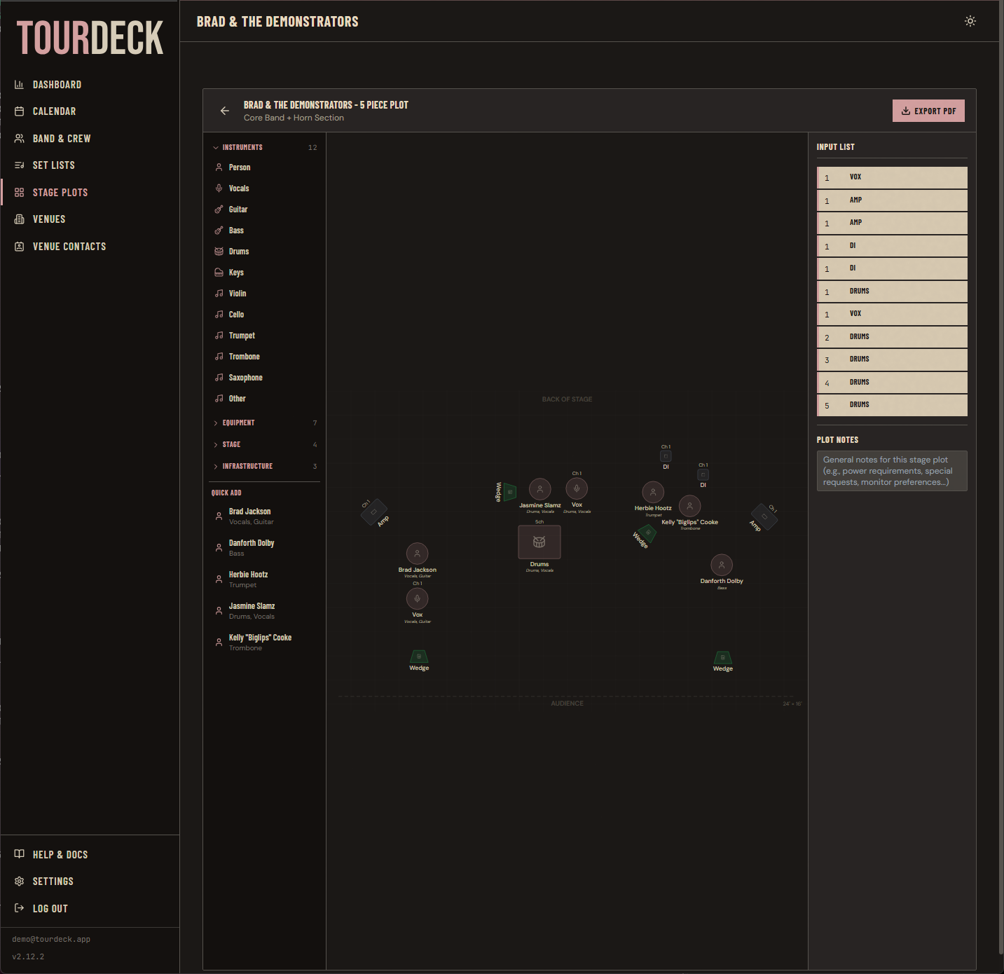 TourDeck PlotDeck stage plot editor with gear placed