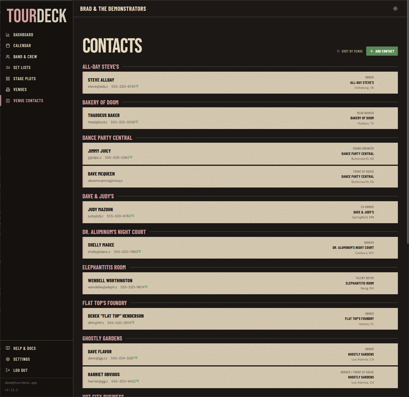 TourDeck venue contacts list
